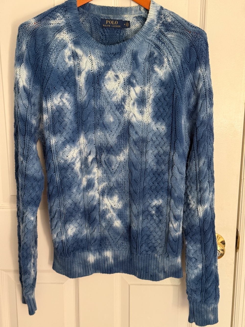 Polo by Ralph Lauren Blue & White Tie-Dye Cable Knit Crewneck Sweater